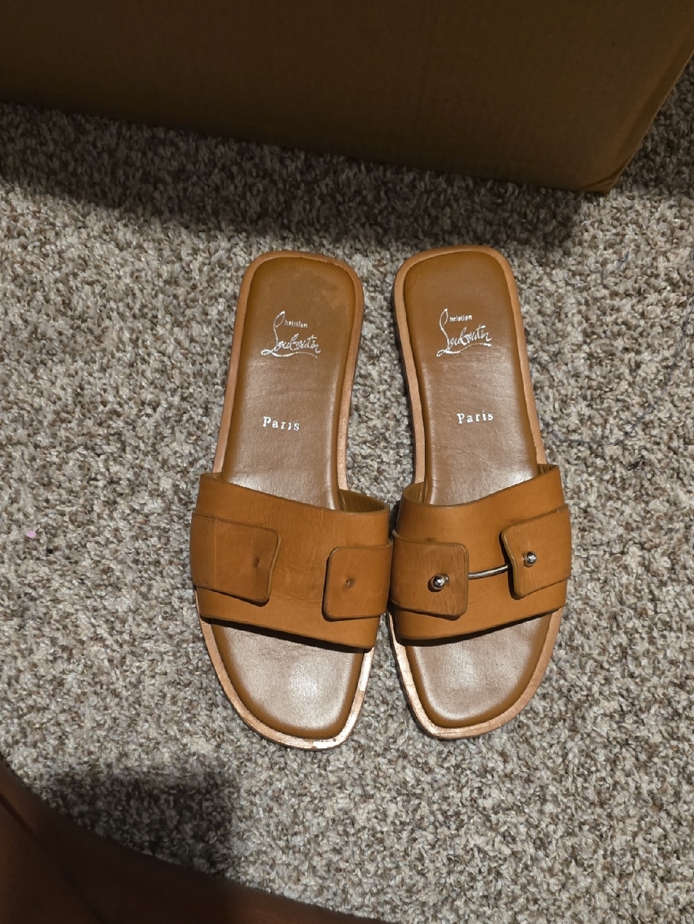 Christian Louboutin Cognac Leather Slide Mules with Buckle Detail
